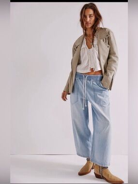 Light Wash Wide Leg Women Jeans - Casual Drawstring Waist